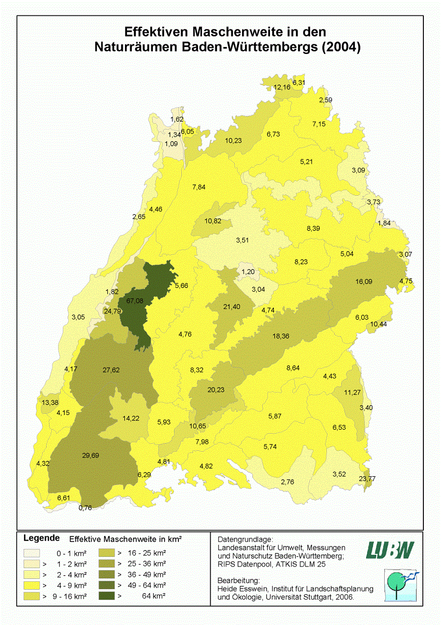 Kartendarstellung zur effektiven Maschenweite in den Naturräumen Baden-Württembergs im Jahr 2004.