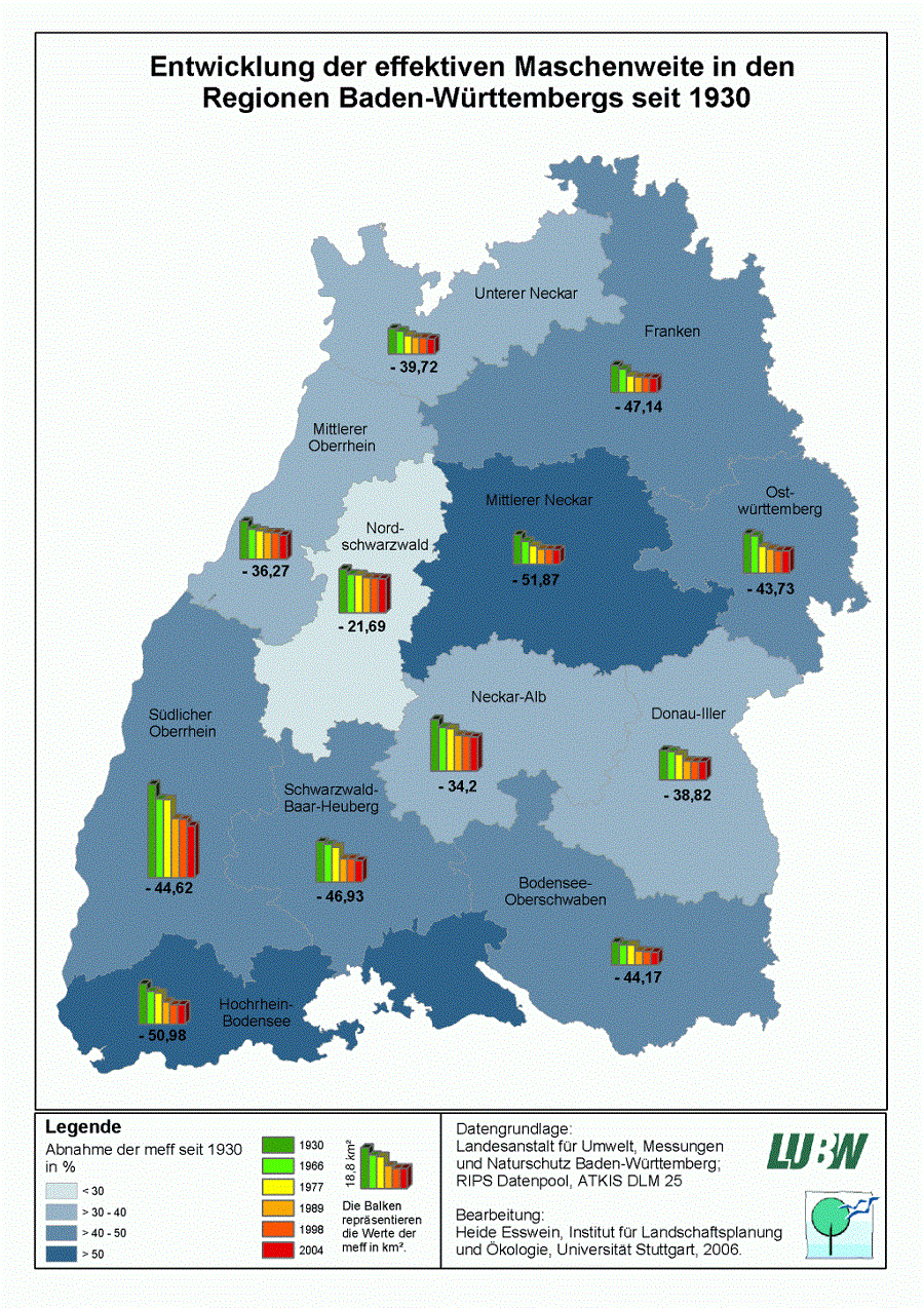 Karte von Baden-Württemberg: Entwicklung der effektiven Maschenweite in den Regionen Baden-Württembergs seit 1930