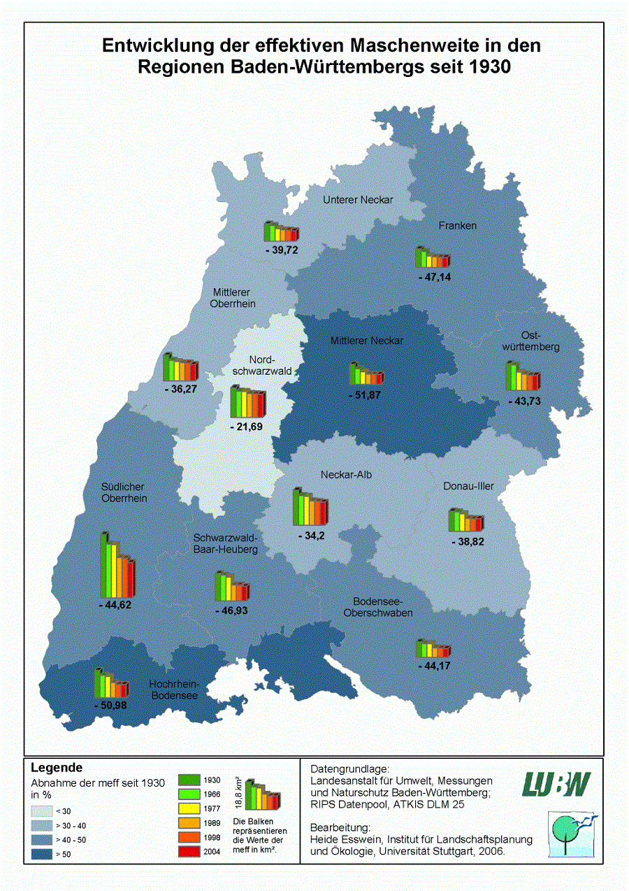 Kartendarstellung zur Entwicklung der effektiven Maschenweite in den Regionen Baden-Württembergs seit 1930: In allen Regionen haben die effektiven Maschenweiten seit 1930 abgenommen.