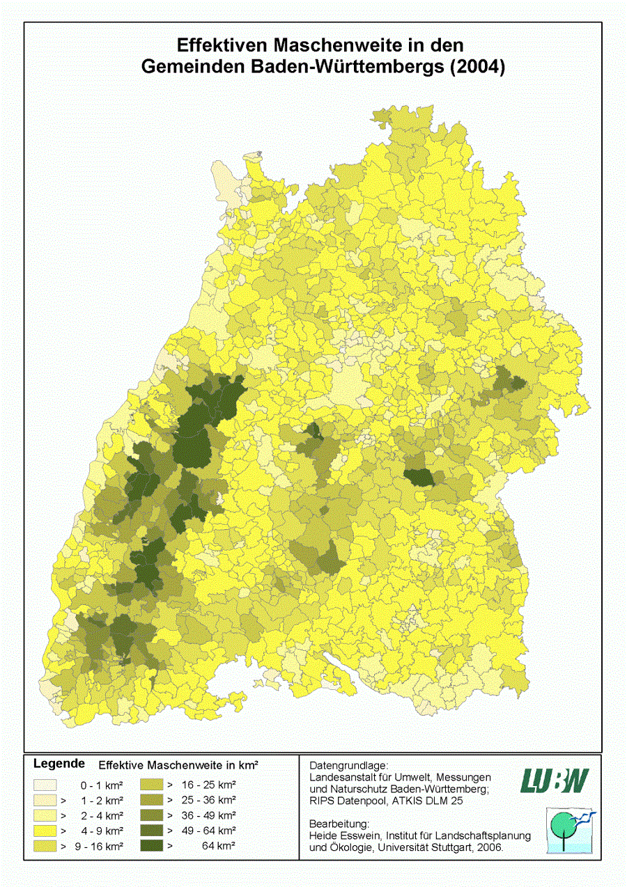 Karte von Baden-Württemberg: Effektive Maschenweite in den Gemeinden Baden-Württembergs 2004