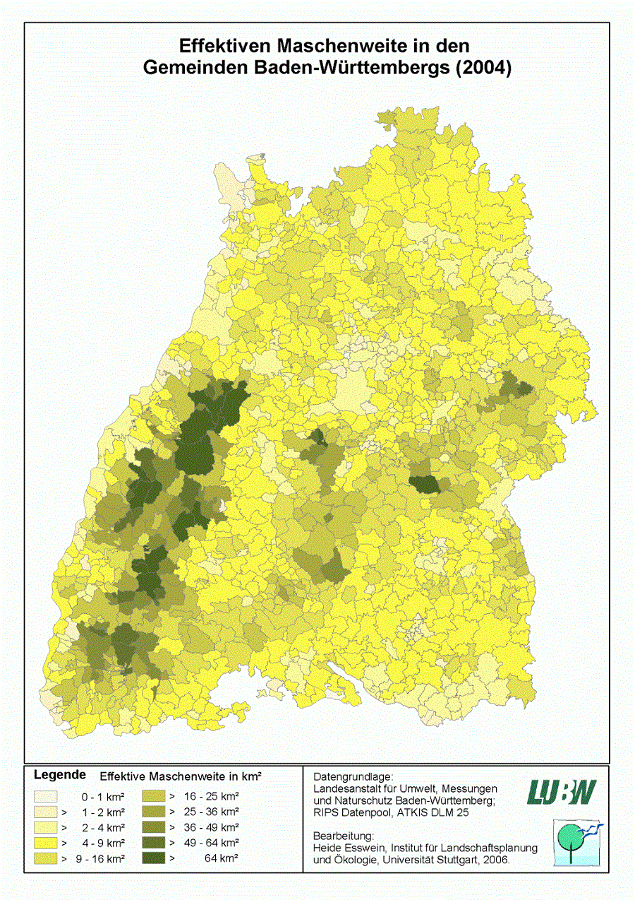 Kartendarstellung zur effektiven Maschenweite in den Gemeinden Baden-Württembergs im Jahr 2004.