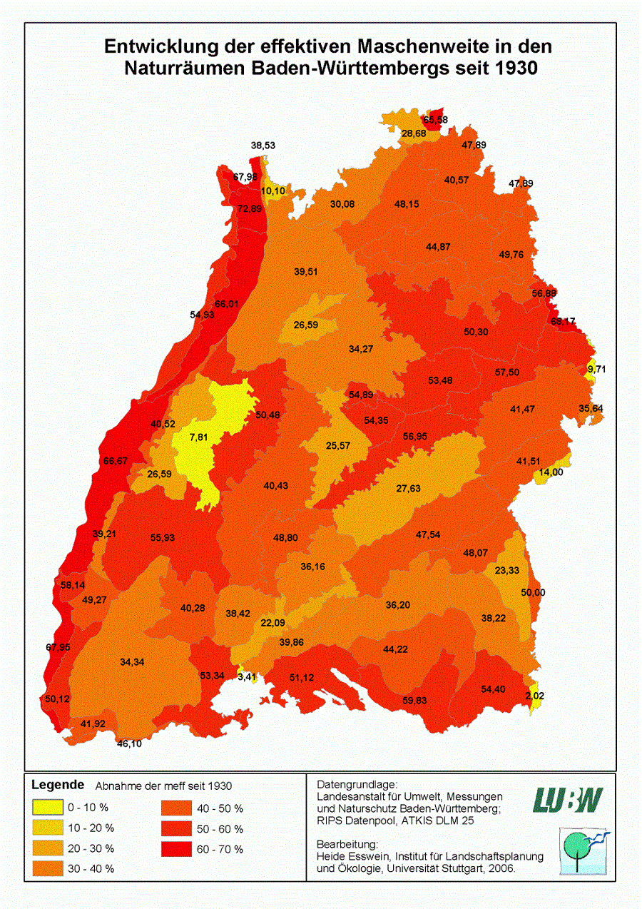 Kartendarstellung zur Entwicklung der effektiven Maschenweite in den Naturräumen Baden-Württembergs seit 1930: In allen Regionen haben die effektiven Maschenweiten seit 1930 abgenommen.