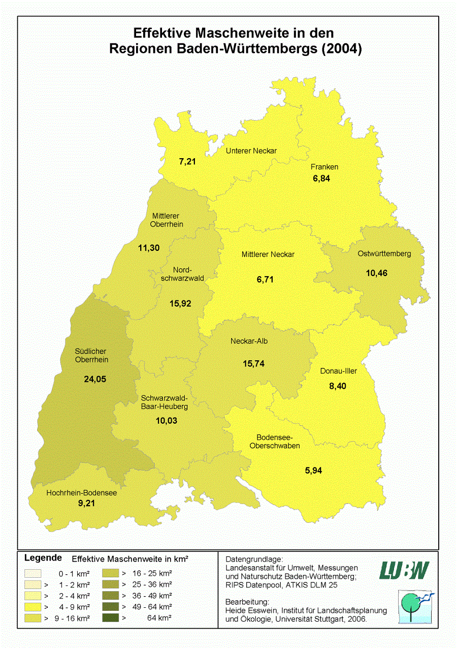 Karte von Baden-Württemberg: Effektive Maschenweite in den Regionen Baden-Württembergs 2004