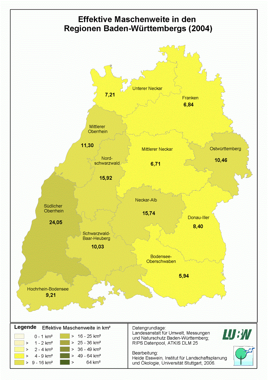 Kartendarstellung zur effektiven Maschenweite in den Regionen Baden-Württembergs im Jahr 2004: Die höchste effektive Maschenweite befindet sich mit 24,05 Quadratkilometrn in der Region Südlicher Oberrhein, die geringste effektive Maschenweite befindet sich mit 5,94 Quadratkilometern in der Region Bodensee-Oberschwaben.