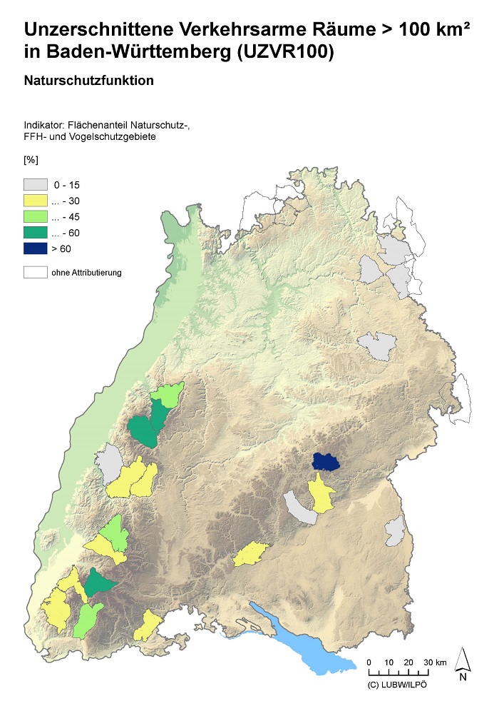 Kartendarstellung Landschaftsfunktion Naturschutz in den Arealen unzerschnittener verkehrsarmer Räume in Baden-Württemberg mit einer Flächengröße über 100 Quadratkilometer (UZVR100).