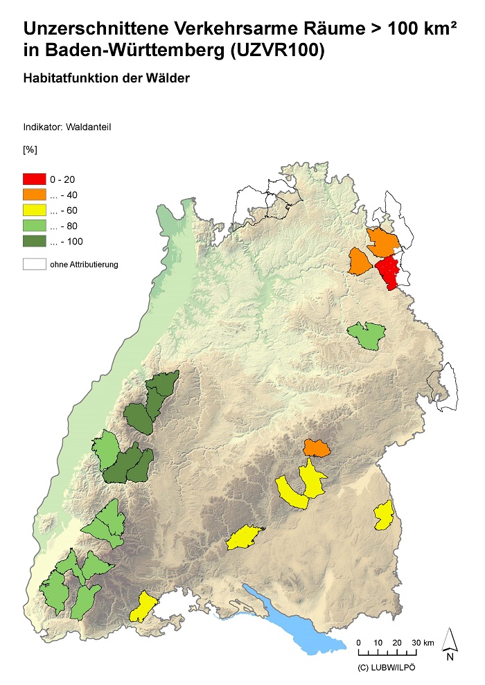 Karte von Baden-Württemberg: Habitatfunktion der Wälder in den Arealen der Unzerschnittenen verkehrsarmen Räume in Baden-Württemberg mit einer Flächengröße über 100 Quadratkilometer (UZVR100)