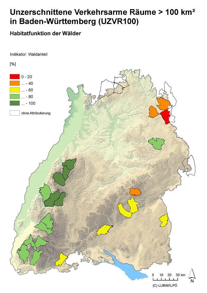 Kartendarstellung Landschaftsfunktion Habitatfunktion der Wälder in den Arealen unzerschnittener verkehrsarmer Räume in Baden-Württemberg mit einer Flächengröße über 100 Quadratkilometer (UZVR100).