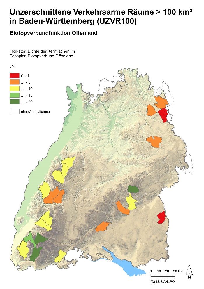 Karte von Baden-Württemberg: Biotopverbundfunktion Offenland in den Arealen der Unzerschnittenen verkehrsarmen Räume in Baden-Württemberg mit einer Flächengröße über 100 Quadratkilometer (UZVR100)