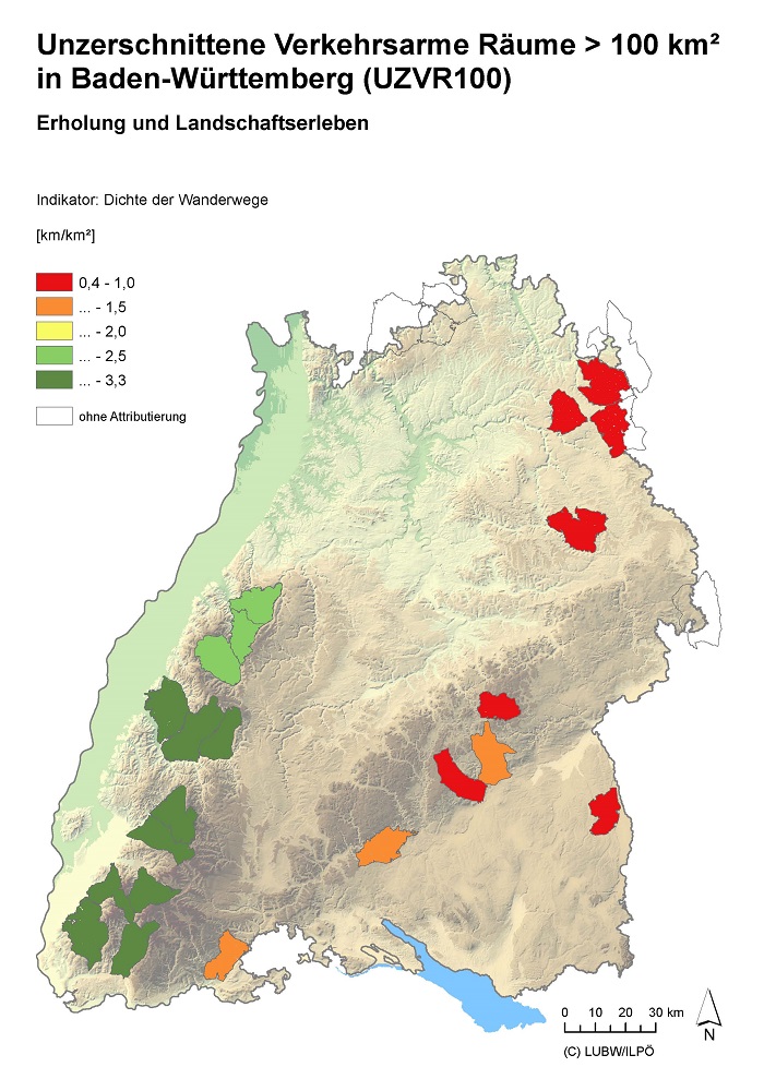 Kartendarstellung Landschaftsfunktion Erholung und Landschaftserleben in den Arealen unzerschnittener verkehrsarmer Räume in Baden-Württemberg mit einer Flächengröße über 100 Quadratkilometer (UZVR100).