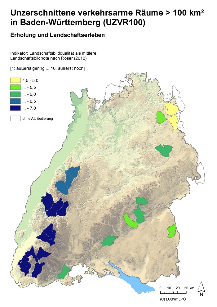 Kartendarstellung Landschaftsfunktion Erholung und Landschaftserleben in den Arealen unzerschnittener verkehrsarmer Räume in Baden-Württemberg mit einer Flächengröße über 100 Quadratkilometer (UZVR100).