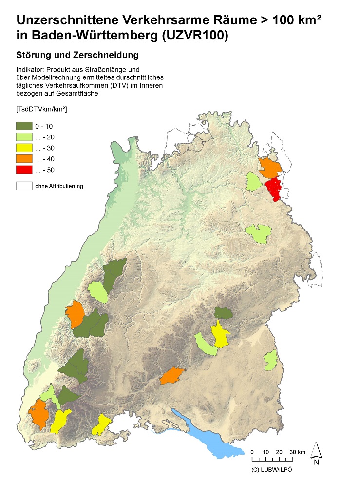 Kartendarstellung Landschaftsfunktion Störung und Zerschneidung in den Arealen unzerschnittener verkehrsarmer Räume in Baden-Württemberg mit einer Flächengröße über 100 Quadratkilometer (UZVR100).