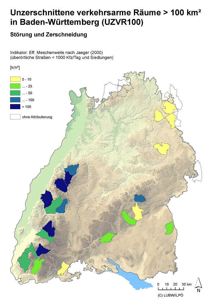 Kartendarstellung Landschaftsfunktion Störung und Zerschneidung in den Arealen unzerschnittener verkehrsarmer Räume in Baden-Württemberg mit einer Flächengröße über 100 Quadratkilometer (UZVR100).