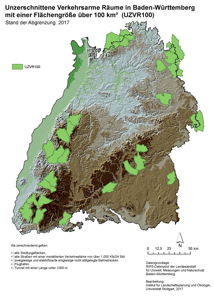 Kartendarstellung Unzerschnittene Verkehrsarme Räume in Baden-Württemberg mit einer Flächengröße über 100 Quadratkilometer (UZVR100). Stand der Abgrenzung: Jahr 2017
