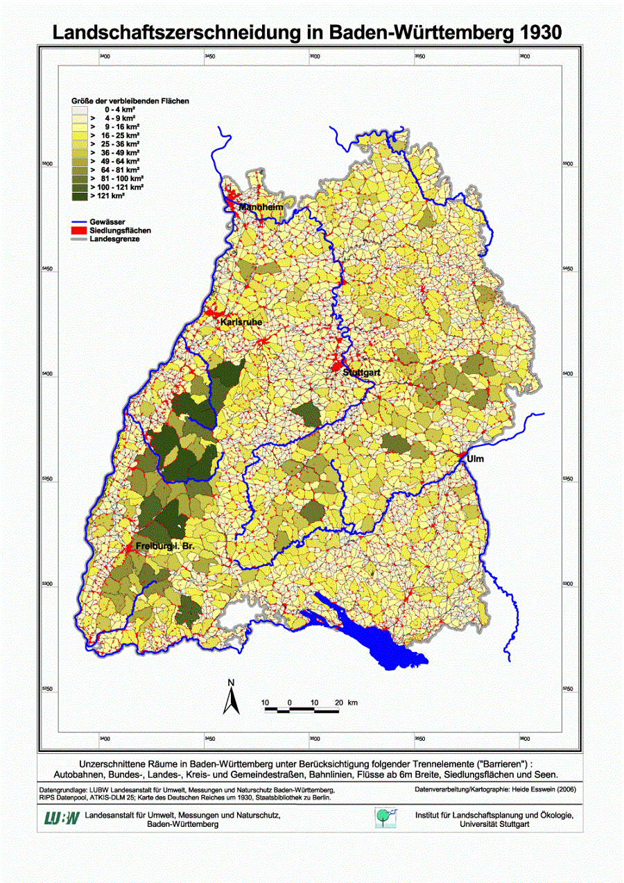 Karte von Baden-Württemberg zur Landschaftszerschneidung 1930