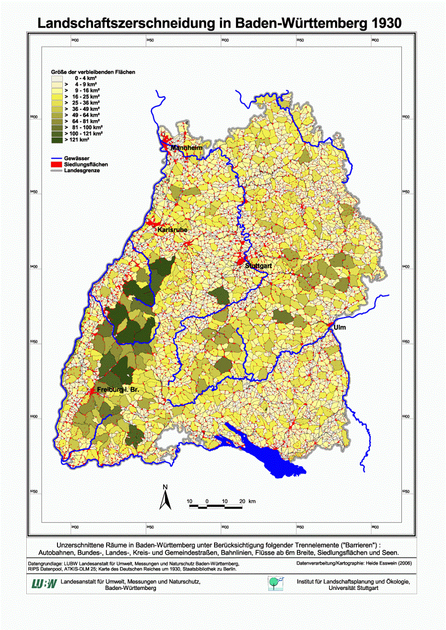 Kartendarstellung unzerschnittener Räume des Jahres 1930: der überwiegende Teil großer, verbleibender Flächen Baden-Württembergs befindet sich im Schwarzwald zwischen Karlsruhe und Freiburg.