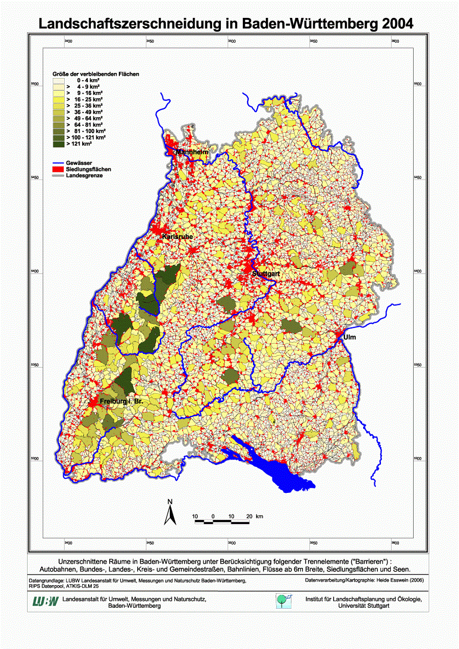 Karte von Baden-Württemberg zur Landschaftszerschneidung 2004