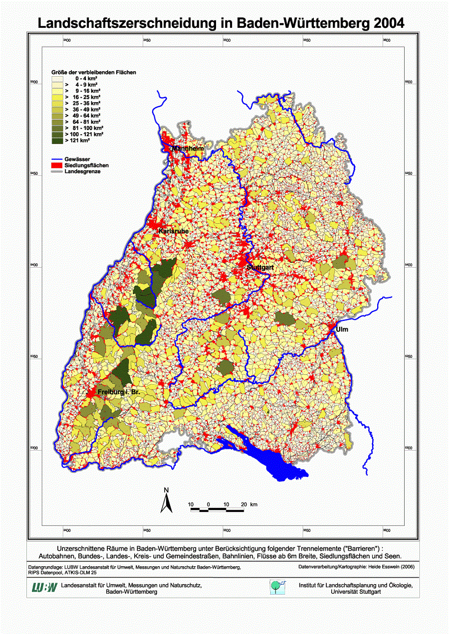 Kartendarstellung unzerschnittener Räume des Jahres 2004: der überwiegende Teil großer, verbleibender Flächen Baden-Württembergs befindet sich im Schwarzwald zwischen Karlsruhe und Freiburg.