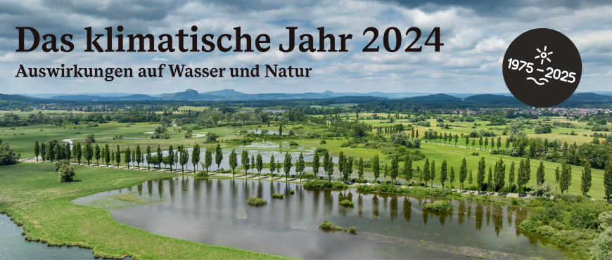 Überschwemmung am Ufer des Bodensees, darauf der Titel des Vortrags sowie ein Button mit den Jahreszahlen der LUBW 1975 bis 2025