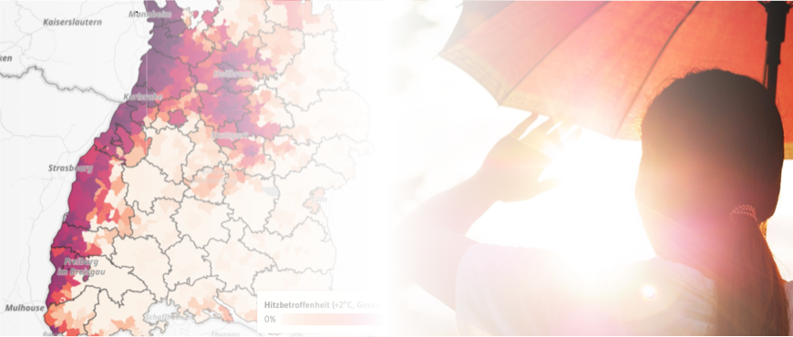  Bild zeigt Karte Baden-Württemberg mit Hitzezonen und eine Person die sich mit einem Schirm vor Sonne schützt 