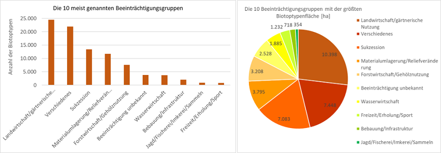 Zwei Diagramme zur Beeinträchtigung der Biotoptypen (Oberbegriffe ausgewertet), links: Balkendiagramm zu den häufigsten Beeinträchtigungen, rechts: Kreisdiagramm mit den Beeinträchtigungen, die die größte Biotoptypenfläche einnehmen