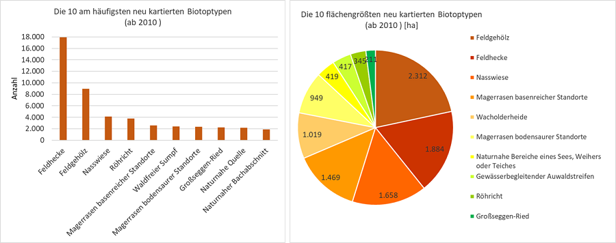 Zwei Diagramme, links: Balkendiagramm zu den 10 häufigsten Biotoptypen, die seit 2010 neu kartiert wurden; rechts: Kreisdiagramm zu den 10 flächengrößten Biotoptypen, die seit 2010 neu kartiert wurden.