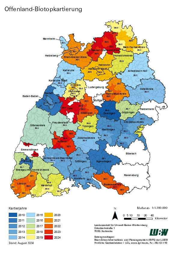 Übersichtkarte der kartierten Kreise der Offenlandbiotopkartierung Stand 2024