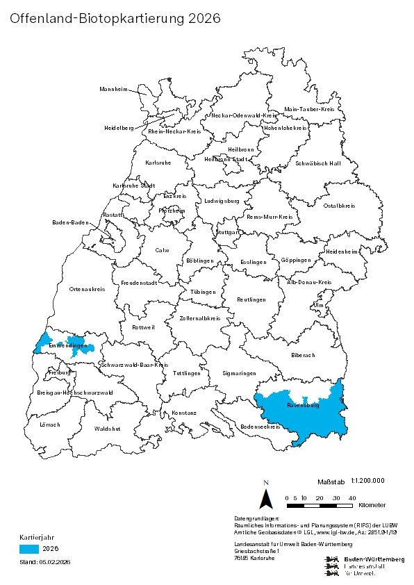 Übersichtskarte von Baden-Württemberg zu den 2026 kartierten Gemeinden