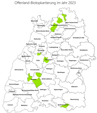  Übersichtskarte von Baden-Württemberg zu den 2023 kartierten Gemeinden