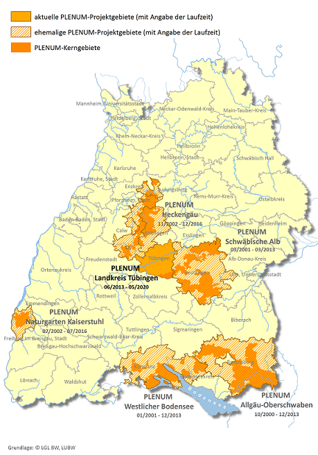 PLENUM-Projektgebiete: In der Karte werden die 5 ehemaligen PLENUM-Projektgebiete (Scvhwäbische Alb, Kaiserstuhl, Allgäu-Oberschwaben, Heckengäu, Westlicher Bodensee) und das aktuelle Projektgebiet Landkreis Tübingen.