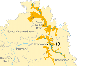 13 Kartenausschnitt einer Gebietskulisse: Kocher-, Jagst-, Taubertal und nordöstliches Bauland