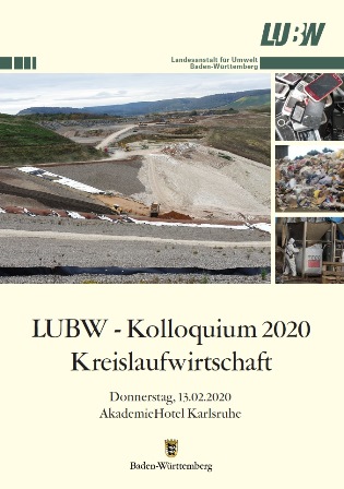 Plakat zum LUBW Kolloquium Kreislaufwirtschaft 2020: Darstellung einer Deponie, Alte handys, Gewerbeabfall als haufen, Asbesthaltiger Abfall wird in BigBags abgepackt.