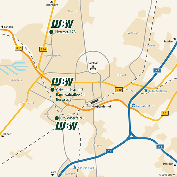 Karte mit der Anfahrtsbeschreibung zum LUBW-Standort Karlsruhe