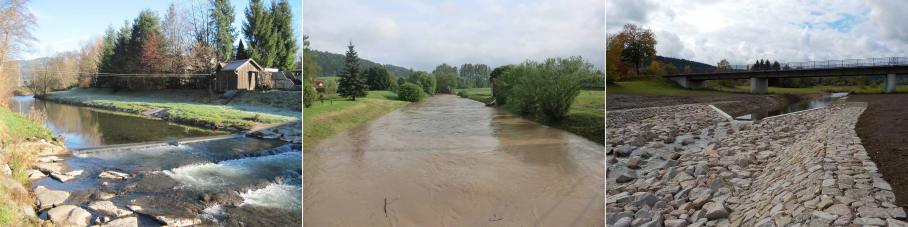 Drei nebeneinander angeordnete Bilder. Ein ökologisch gestalteter Pegel, die Prim bei Hochwasser und die Donau bei Niedrigwasser.