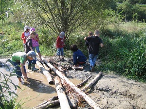 Spielende Kinder an einem kleinen Bach. Sie matschen im Uferbereich und richten mit Baumstämmen einen kleinen Damm ein.
