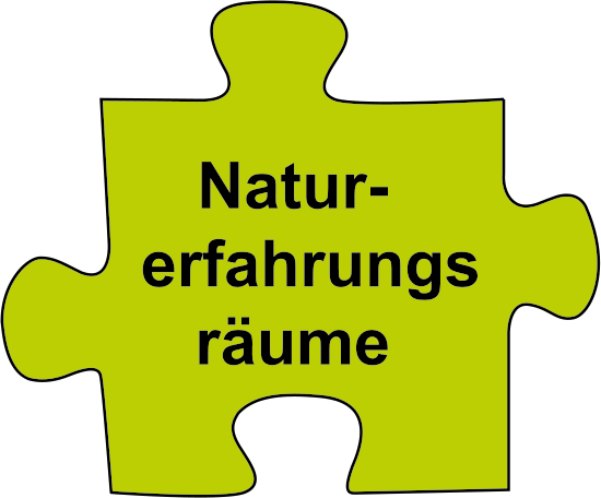 Logo des Themas "Naturerfahrungsräume". Ein grünes Puzzleteil mit der Aufschrift "Naturerfahrungsräume"