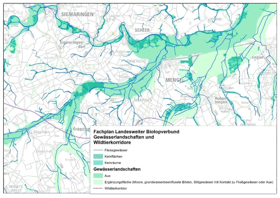  Grafische Darstellung des Fachplans Landesweiter Biotopverbund Gewässerlandschaften und Wildtierkorridore aus dem Generalwildwegeplan