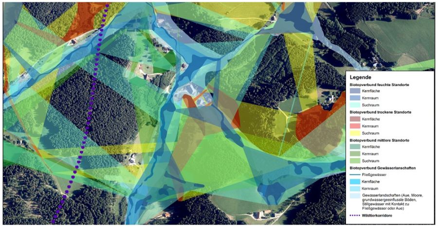 Grafische Darstellung des Fachplan Landesweiter Biotopverbund auf lokaler Ebene. Es ergibt sich ein Mosaik aus Flächen des Biotopverbund Offenland, Biotopverbund Gewässerlandschaften und dem Generalwilwegeplan.