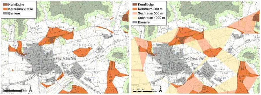 Zusammenspiel zwischen Kernflächen, Kernräumen, Suchräumen und Barrieren. Die linke Darstellung zeigt Kernflächen, Kernräume und Barrieren, während bei der rechten die Suchräume noch hinzugefügt wurden. Durch die Suchräume ergibt sich ein Netz zwischen den Lebensräumen.