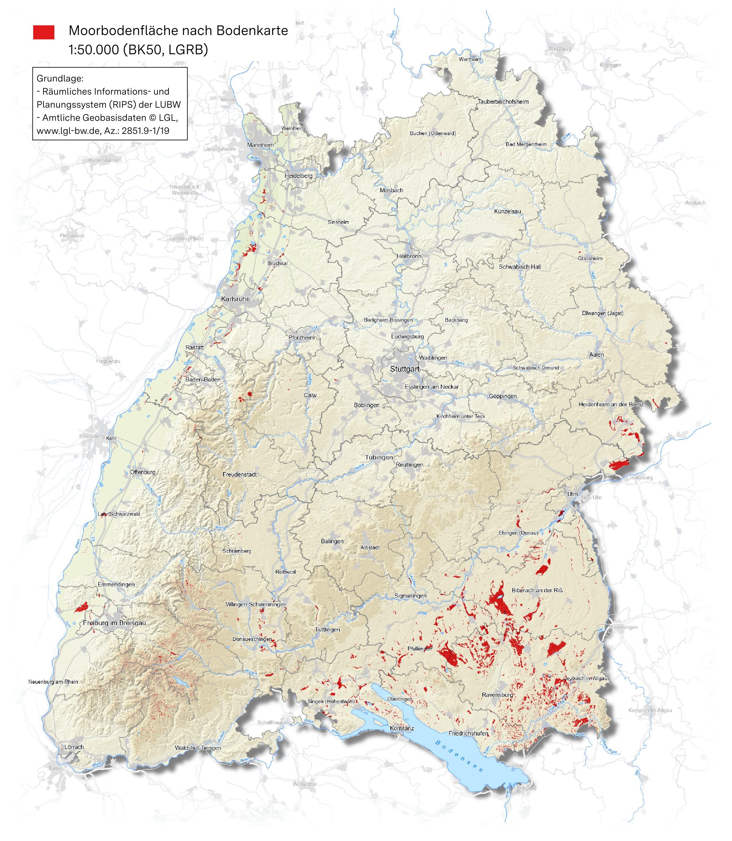 Verbreitung von Moorbodenflächen in Baden-Württemberg (BK50-Moor, LGRB, Stand 2026)