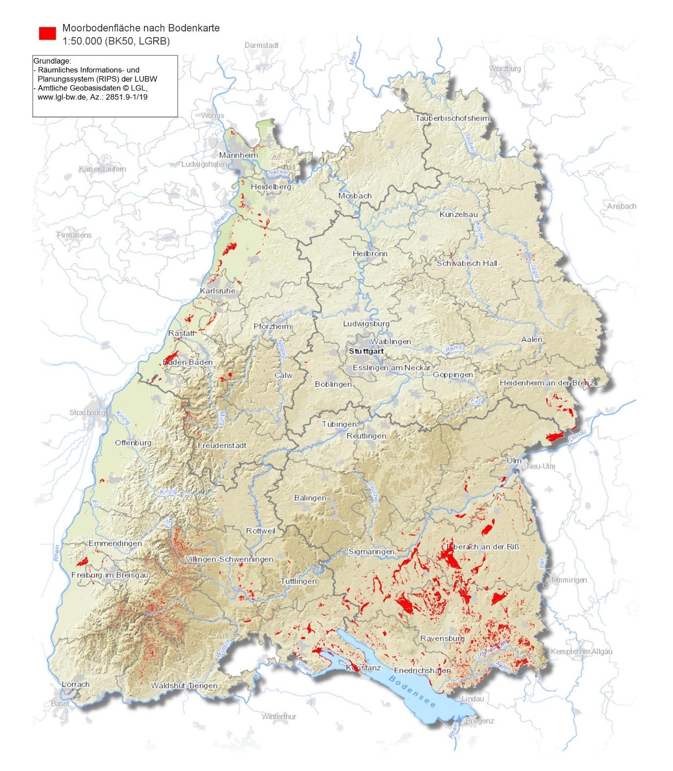 Verbreitung von Moorbodenflächen in Baden-Württemberg (BK50-Moor, LGRB, Stand 2022)