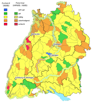 Karte: Baden-Württemberg ist eingefärbt mit den Qualitätsklassen der Fische im Berichtsjahr 2021. 12 % der Wasserkörper sind gut oder sehr gut, 88 % sind mäßig oder schlechter.