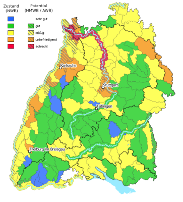  Karte: Baden-Württemberg ist eingefärbt mit den Qualitätsklassen des Makrozoobenthos im Berichtsjahr 2021. 46 % der Wasserkörper sind gut oder sehr gut, 54 % mäßig und schlechter.