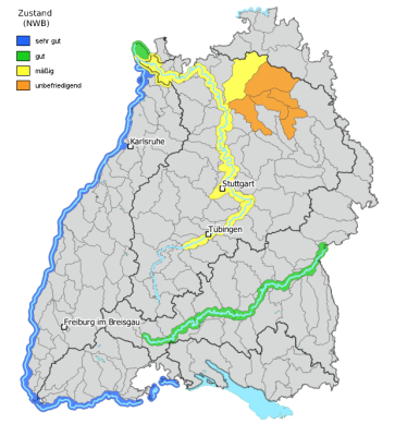  Karte: die Wasserkörper der planktonführenden Flüsse Baden-Württembergs sind eingefärbt mit der Bewertung der Qualitätsklassen des Phytoplankton im Berichtsjahr 2021. Rhein und Donau (56 % der Wasserkörper) sind gut oder sehr gut, Neckar, Jagst und Kocher (44 %) sind mäßig oder schlechter.