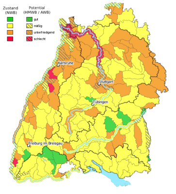 Karte: Baden-Württemberg ist eingefärbt mit der Bewertung des ökologischen Zustands bzw. ökologischen Potenzials 2021. 6 % der Wasserkörper sind gut, 94 % mäßig oder schlechter.