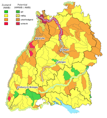  Karte: Baden-Württemberg ist eingefärbt mit der Bewertung des ökologischen Zustands bzw. ökologischen Potenzials 2021. 6 % der Wasserkörper sind gut, 94 % mäßig oder schlechter.