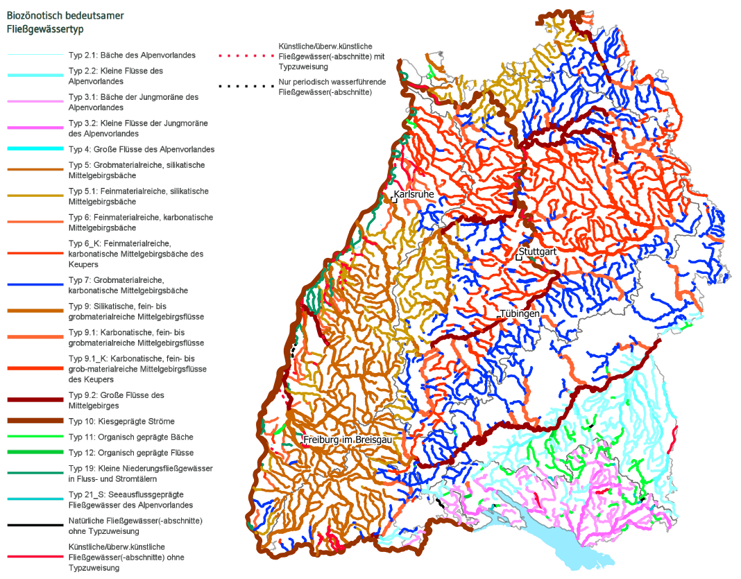 Karte: Biozönotische Fließgewässertypen in Baden-Württemberg; Stand 2020
