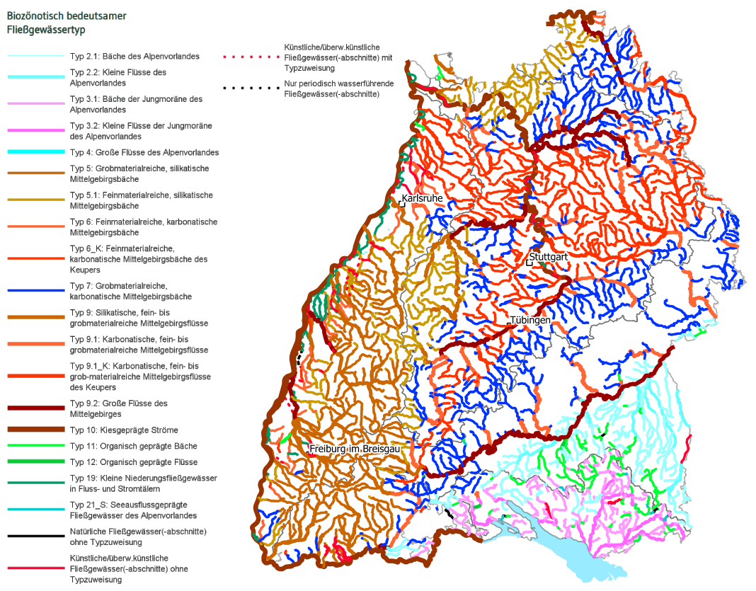 Karte: Biozönotische Fließgewässertypen in Baden-Württemberg; Stand 2020