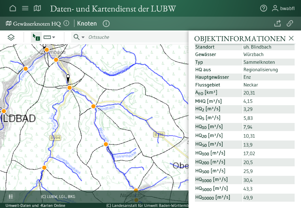  Dargestellt ist ein Screenshot der Fachseite Abfluss-BW, auf der für unterschiedliche Knotenpunkte in Baden-Württemberg hydrologische Abfluss-Kennwerte eingesehen werden können.