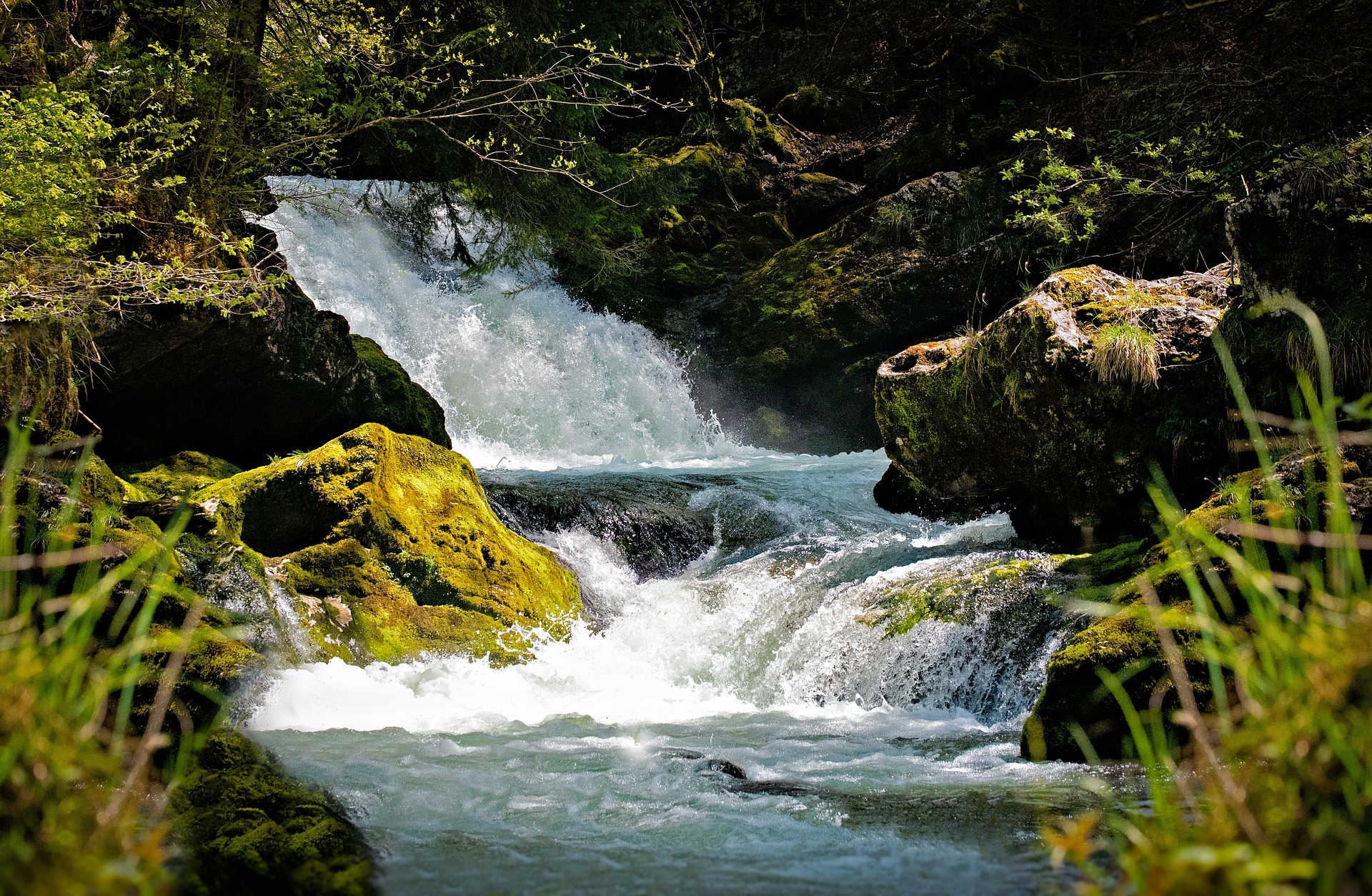 Das Bild zeigt einen kleinen Wasserfall in einem Waldgebiet Das Bild zeigt einen kleinen Wasserfall in einem Waldgebiet