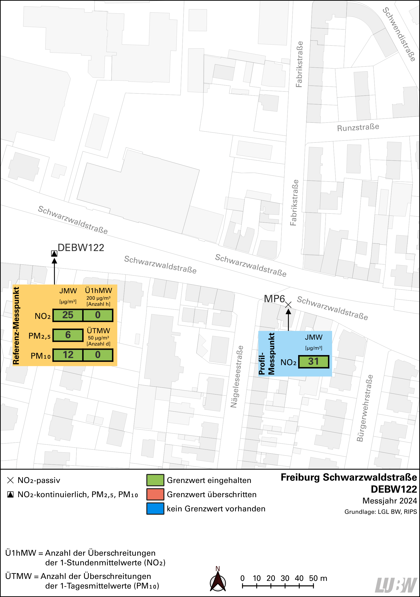 Kartenausschnitt, der die Lage der Messstelle Freiburg Schwarzwaldstraße (Referenzmesspunkt) sowie des Profilmesspunkts zeigt. Dargestellt sind zudem die Ergebnisse (Jahresmittelwerte 2024, Überschreitungen 2024) der sowohl am Referenzmesspunkt als auch am Profilmesspunkt gemessenen Stickstoffdioxidbelastung sowie der am Referenzmesspunkt gemessenen Belastung durch Partikel PM10 und Partikel PM2,5.